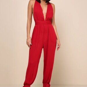 Lulus Lolinda Berry Red Convertible Halter Jumpsuit